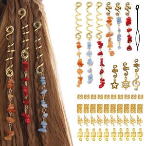 Gold Alloy Dreadlock Accessories Set With Natural Stone Pendants Spiral Hair Rings Clips For Women Braiding Decoration