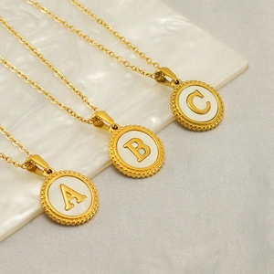 18K Gold Plated Stainless Steel Initial Letter Necklace With Mother Of Artificial Pearl Round Pendant For Women Minimalist Jewelry