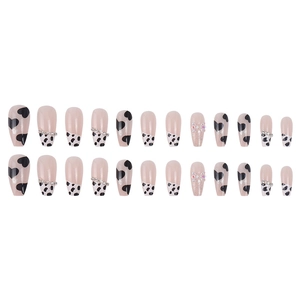 Long ballerina press-on nails with leopard print, 3D bows and rhinestones on nude base