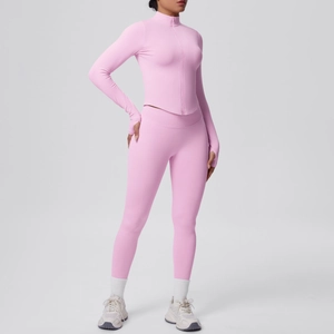Set yoga rosa 2 pezzi con giacca con colletto rialzato e leggings sportivi elasticizzati