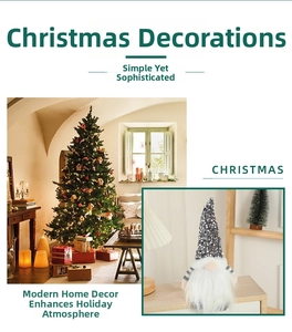 Close-up of a Christmas gnome with grey sequin hat and white beard in festive home setting