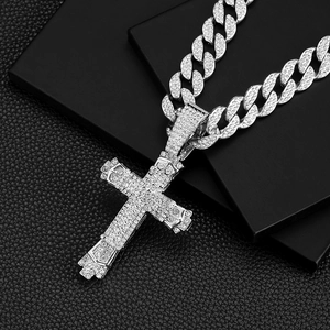 Hip hop silver iced out cross pendant with cuban chain necklace for men stylish accessory