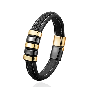 Men's braided black leather bracelet with white stitching and gold metal accents