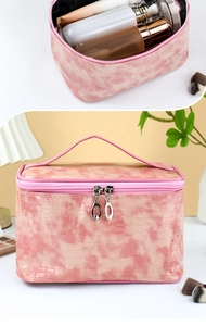 Pink stone-pattern cosmetic bag with double zippers and handle for makeup storage
