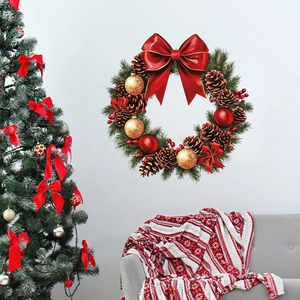 Christmas wall decal featuring a festive wreath with red bows, pine cones and gold baubles