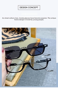 Detail view of rectangular sunglasses and clear frame with metal temples and sizing info