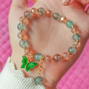 Butterfly Pendant Beaded Bracelet Glass Beads Faceted Style Alloy Metal Extension Chain Sweet Jewelry For Women