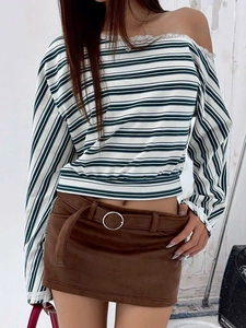 Striped Long Sleeve Crop Top Lace Trim Off Shoulder Knit Polyester Spandex Slim Fit Women Streetwear