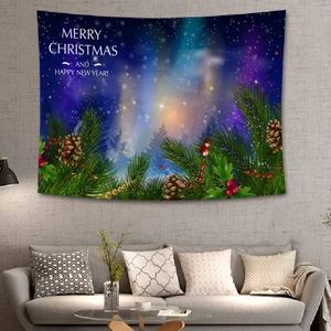 Christmas Tapestry Wall Hanging Polyester Cute Cat Wearing Santa Hat Starry Night Pine Festive Decor For Bedroom Living Room