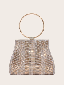 Rhinestone Evening Bag Women Clutch Purse Round Metal Handle Magnetic Buckle Detachable Chain Strap For Party Wedding