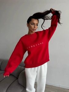 Women's Crewneck Pullover Sweatshirt 100% Cotton Long Sleeve Loose Fit Letter Embroidery Streetwear Casual Red