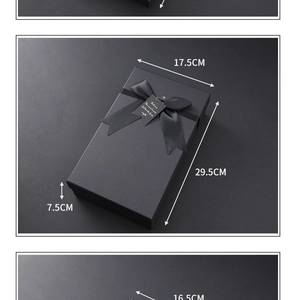 Detail showing dimensions of black matte gift box with ribbon and 29.5x17.5x7.5cm label