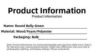 Detailed spec sheet for round-bellied green Christmas gnome made of wood and polyester