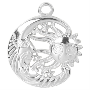 Detailed view of silver stainless steel crescent moon and sun celestial pendant necklace
