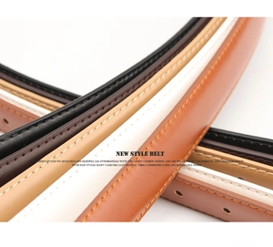 Detailed close-up of multi-color narrow leather belts with stitching and metal eyelets