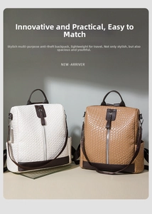 Detail view of woven PU leather backpacks in white and brown with anti-theft design