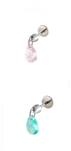 Detail of pink and lake blue drop-shaped zircon stud earrings with stainless steel base