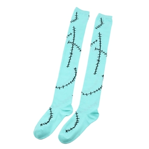 Detail of light blue Sally cosplay over-knee socks with black stitched print pattern
