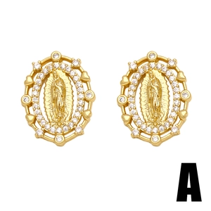 Vintage gold Virgin Mary stud earrings with oval white zircon border and micro-inlay