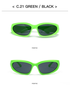 Detail view of model C.21 neon green sports sunglasses with dark black polarized lenses