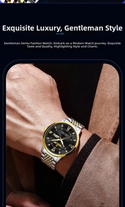 Detail of silver and gold men's watch with black sunburst dial and luminous roman numerals