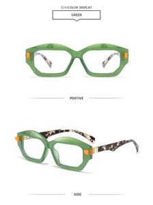 Detail view of translucent green geometric frames and tortoiseshell temples on sunglasses