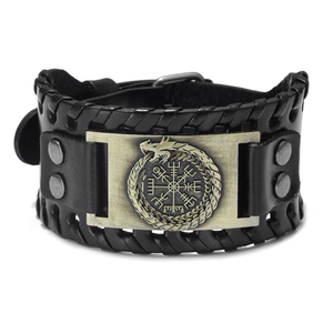 Viking Leather Bracelet Wide Cuff Retro Vegvisir Compass Dragon Metal Alloy Men Punk Gothic Accessory