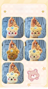 Close-up of five colorful plush bear head keychains with cute embroidery details