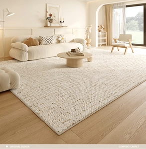 Detail of beige cream rug with woven texture in a modern bright living room setting
