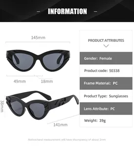 Detailed size guide for cat eye sunglasses with frame and temple dimension markings