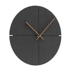 Minimalist wood and stone round wall clock with grey textured face and wooden hands
