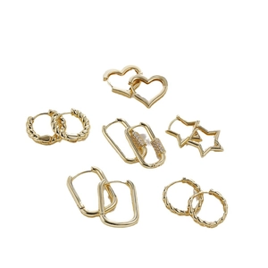 Set of six gold-plated minimalist hoop earrings with star, heart, and twisted designs