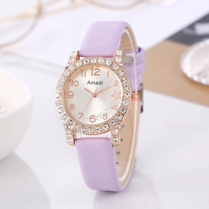 Orologio al quarzo da donna con cinturino in pelle viola e lunetta in oro rosa con diamanti