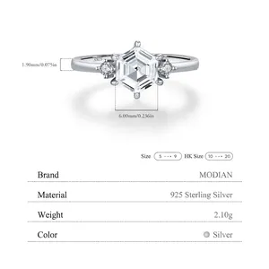 S925 sterling silver hexagonal ring with emerald cut moissanite and technical specs