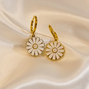 14K gold plated stainless steel daisy earrings with white enamel and pearl center