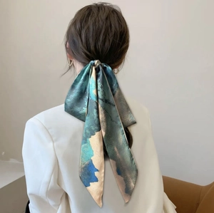 Bandeau Cheveux Foulard En Satin Style Chinois Rétro Imprimé Paysage Abstrait Long Ruban Satin Pour Femmes Élégant