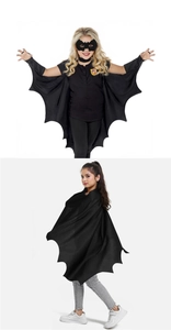 Detail of kids black bat cape and mask set showing front wings and rear drape effect