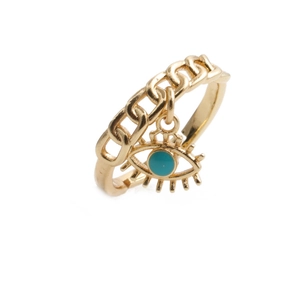 Goldener Gliederkettenring mit blauem Zirkon Auge-Anhänger auf weißem Hintergrund