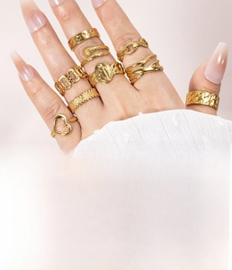 Detailed view of assorted gold titanium steel rings including snake and star designs
