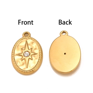 Titanium steel oval star pendant with crystal center, showing both front and back views