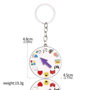 Detail view of rotating enamel keychain showing size dimensions of 4.8cm by 4.5cm