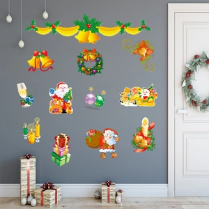 Christmas wall stickers with Santa, reindeer, and Merry Christmas text on a grey wall