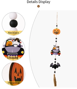 Details von Halloween Holzperlengirlande mit Kürbis- und Fledermausanhängern und Quasten