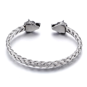 Vintage stainless steel wolf head open bangle with intricate braided texture for men