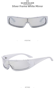 Front and 45-degree side view of Y2K wraparound silver punk sunglasses with mirror lenses