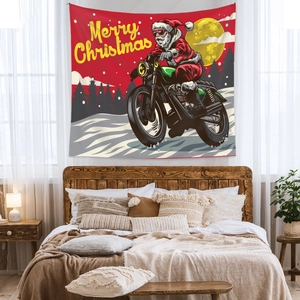 Detail of Christmas wall tapestry featuring Santa on motorcycle above a cozy bedroom bed