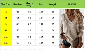 Detailed size chart for V-neck long sleeve sweater showing S to 3XL measurements