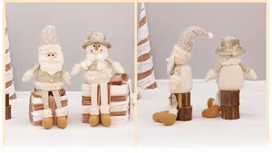 Front, side, and back views of champagne gold plush Santa and snowman holiday ornaments