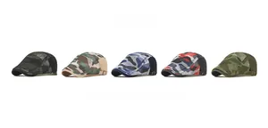 Detailed grid of outdoor mesh sun hats in five distinct camouflage color patterns