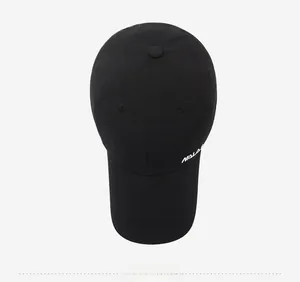 Top view of a black cotton baseball cap showing side white NALAS letter embroidery